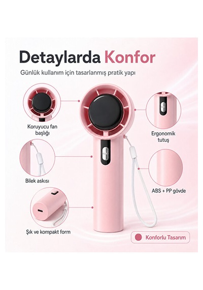 100 Kademeli Hız Ayarlı Şarjlı El Fanı Dijital Göstergeli Taşınabilir Mini Vantilatör Pembe