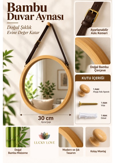 Bambu Çerçeveli Yuvarlak Duvar Aynası 30 Cm Ayarlanabilir Askı Kemerli Dekoratif Ayna Ahşap  - Bej