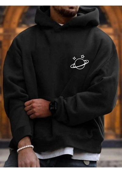 Yıldızlı Saturn Sweatshirt - Siyah Baskılı Oversize Kışlık Kalın Kapüşonlu Siyah