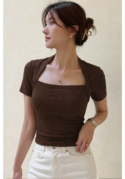 Kadın Haki Kuğu Yaka Slim Kısa Kollu Fit Crop Bluz Kahverengi