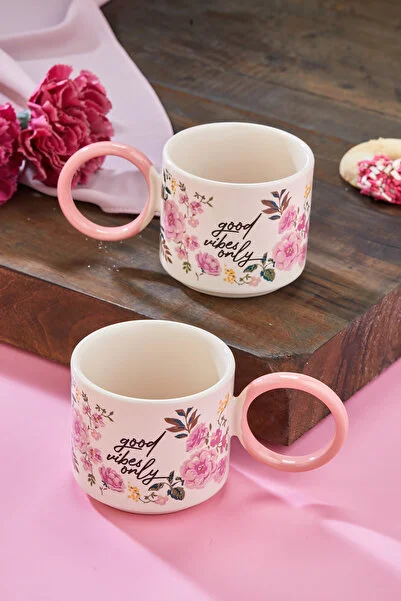 2'li Halka Kulplu Porselen Fincan Özel Tasarımlı Keramika Fincan Açık Pembe