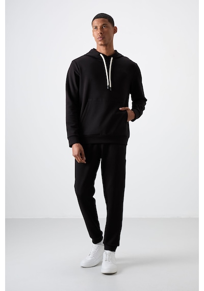 Tommy Life Siyah - Siyah Pamuklu Kalın Yumuşak Dokulu Comfort Fit Nakışlı Erkek Eşofman Takım - 85255 Siyah