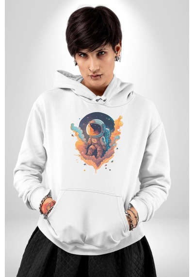 Bulutlar Astronot Uzay Kadın Erkek Beyaz Kapüşonlu Sweatshirt Hoodie Beyaz