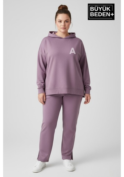 Süperlife Büyük Beden Kapşonlu A Baskılı Tunik İnce Sweatshırt Spr26btk991-3 Lilac