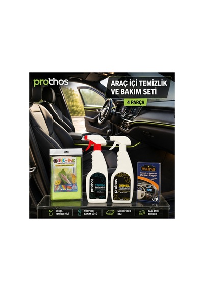 Araç İçi Temizlik Ve Bakım Seti 4 Parça Genel Temizleyici 500 Ml, Torpido Bakım Sütü, Mikrofiber Bez Ve Parlatıcı Sünger