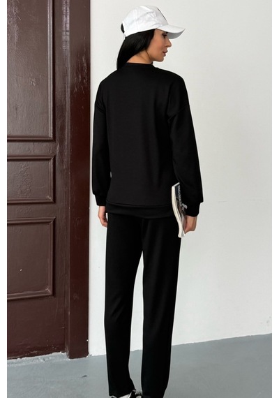 Ded Collectıon Kadın Yanı Yırtmaçlı İnce Şerit Detaylı Uzun Kol Sweatshirt Modal Takım Siyah Ded Collectıon Kadın Yanı Yırtmaçlı İnce Şerit Detaylı Uzun Kol Sweatshirt Modal Takım Siyah