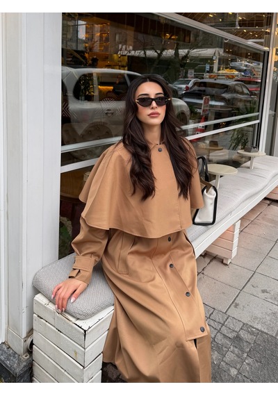 Laluvia Camel Çıkarılabilir Kapüşon Detaylı Pelerinli Trençkot - 85179 Camel