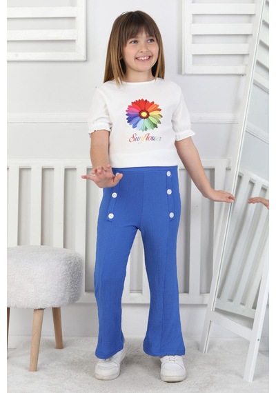 Kız Çocuk Fiyonk Desenli Beyaz Bluz Ve Düğme Detaylı İspanyol Paça Pantolon Takım Mavi Kız Çocuk Fiyonk Desenli Beyaz Bluz Ve Düğme Detaylı İspanyol Paça Pantolon Takım Mavi