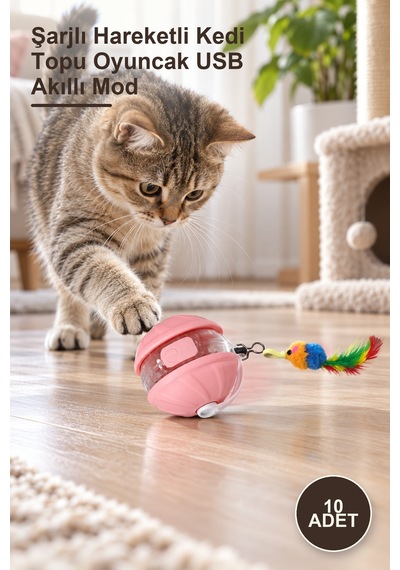 10 Adet Şarjlı Hareketli Kedi Topu Oyuncak Usb Akıllı Mod