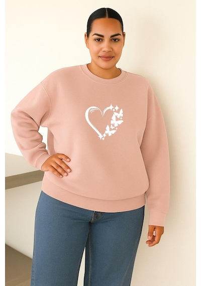 Benroma 3 İplik Penye Kelebekli Kalp Baskılı Büyük Beden Unisex Sweatshırt Pembe