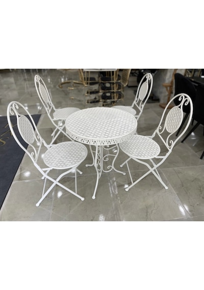 Ferforje Katlanır 1 Masa 4 Sandalye Balkon Takımı Beyaz 60cm Beyaz