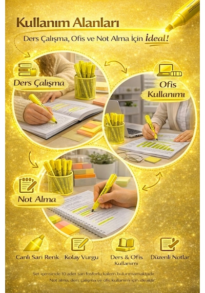 Fosforlu Kalem Seti 10'lu Sarı Highlighter Sarı