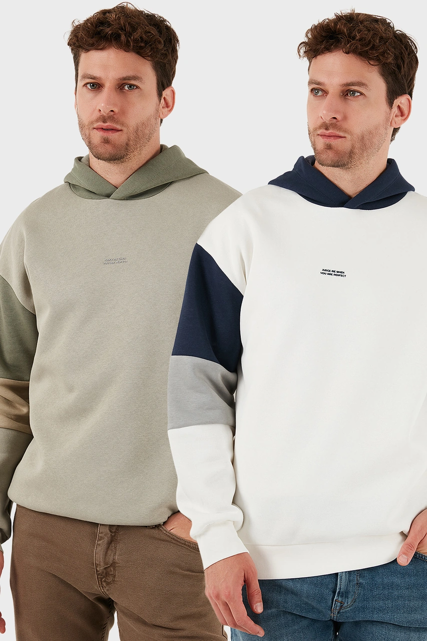 Buratti Pamuklu Relaxed Fit Kapüşonlu Içi Tüylü Yumuşak Şardonlu 2' Li Paket Erkek Sweat 5905299S2 Ekru-Taş