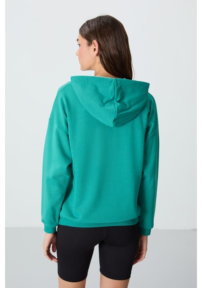 Tommy Life Deniz Yeşili Kompakt Pamuklu Kalın Pürüzsüz Dokulu Kapüşonlu Oversize Fit Kadın Sweatshirt - 97291 Yeşil