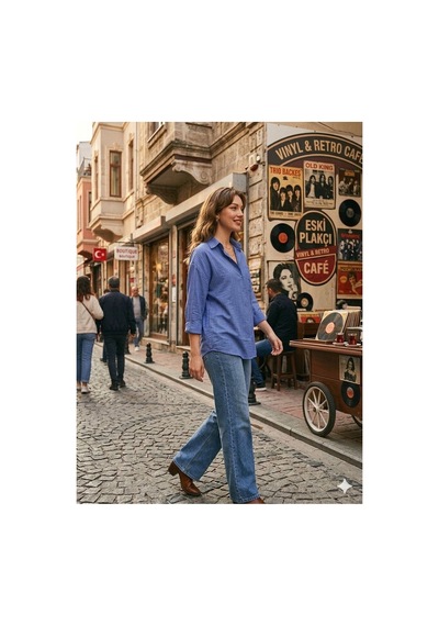 Zdnjeans Kadın Mavi Rahat Kesim Keten Gömlek
