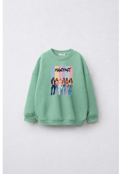 Fasardi Super Bear Adventure Baskılı Oversize 3 İplik Şardonsuz Uzun Kollu Unisex Çocuk Sweatshirt Mint