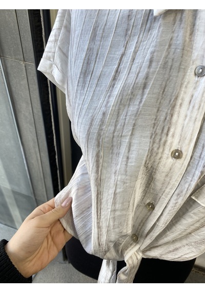Pera Moda Önden Bağlamalı Keten Görünümlü Viskon Crop Gömlek Beyaz
