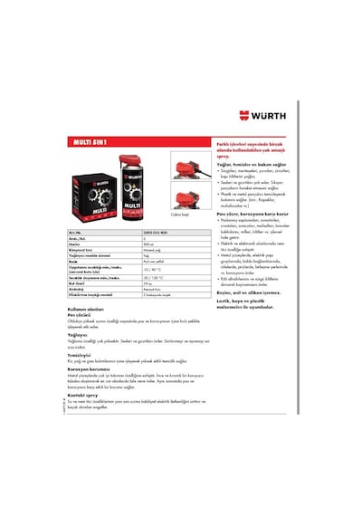 Würth Multi 5in1 Çok Amaçlı Temizleme Yağlama Bakım Spreyi 400 Ml