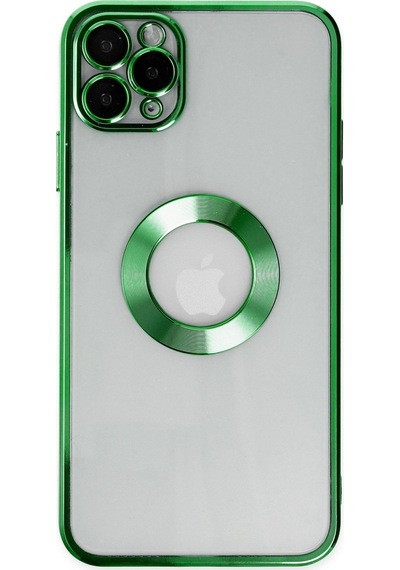 Apple Uyumlu  iPhone 11 Pro Max Yanları Renkli Lens Korumalı Logo Gösteren Şeffaf Luxury Kılıf - Yeşil