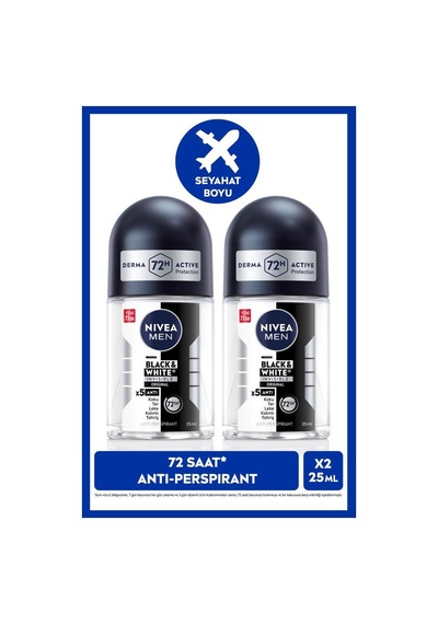 Men Erkek Roll-on Deodorant Black&white Invisible Original 25ml, 72 Saat perspirant Ter Koruması, Seyahat Boyu, Sarı Leke Karşıtı, Alkolsüz, X2 Adet