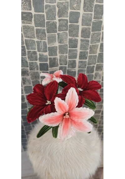 35 Cm- Saksılı Solmaz Yapay Çiçek - Geçmiş Olsun Çiçeği , Anneler Günü , Ev Hediyesi Beyaz - Bordo