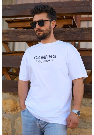 Velvoria Unisex Oversize Siyah Camping T-shirt Beyaz