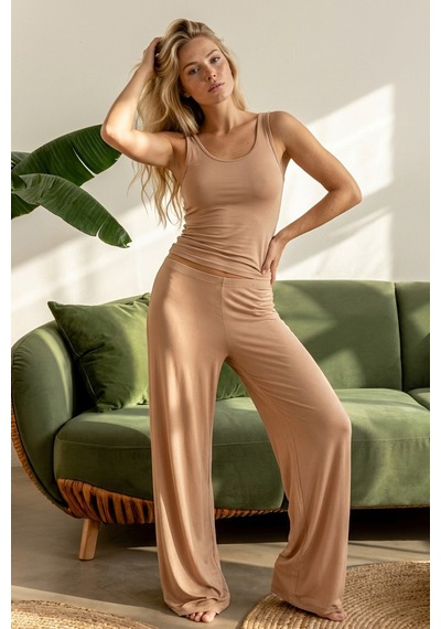 Siyah İnci Geniş Askılı Viskon Örme Pijama Takım 8012 Vizon
