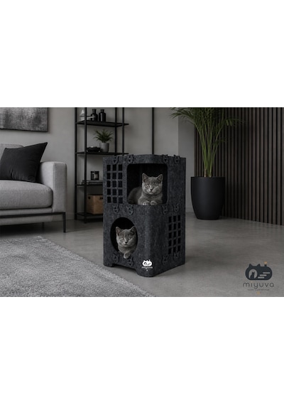 Keçe Kedi Evi Demonte, Yıkanabilir, Taşınabilir Kedi Kulübesi Ketoki 2katlı Gri
