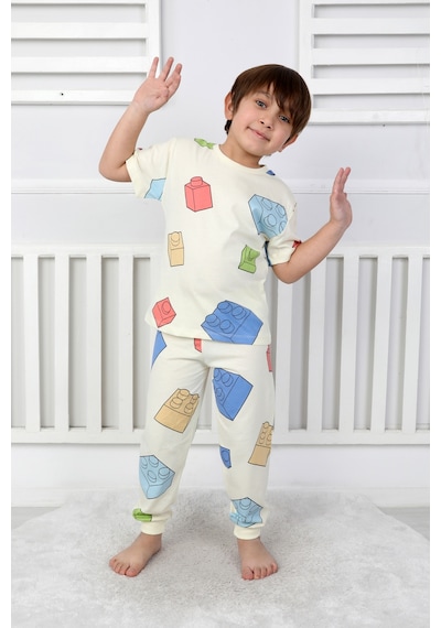 Erkek Çocuk %100 Pamuk Baskılı Pijama Takımı Kısa Kollu, Sevimli Desenler Sarı