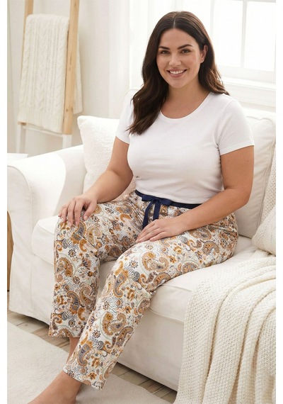 Remsa Büyük Beden Kadın Etnik Desen Viskon Kumaş Penye Battal Tek Pijama Alt 13 Beyaz