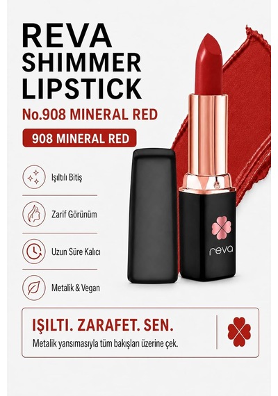Shimmer Lipstick Mineral Red - Işıltı Ruj - 4 Gr - No: 908 - Vegan & Temiz Içerik Çok Renkli