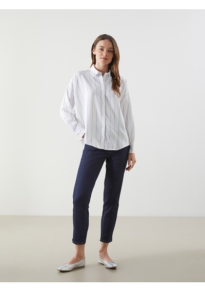Lcwaıkıkı Classic Mavi Çizgili Oversize Kadın Gömlek