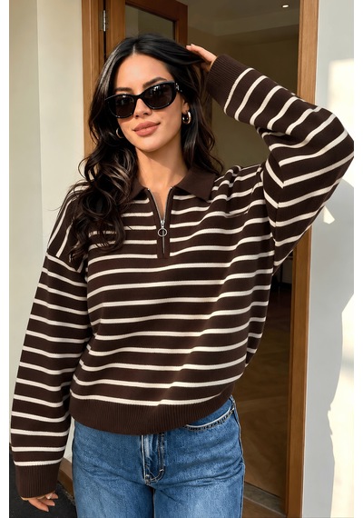 Genius Store Kadın Çizgili Yarım Fermuarlı Polo Yaka Oversize Triko Kazak Yarımfer-triko Kahverengi