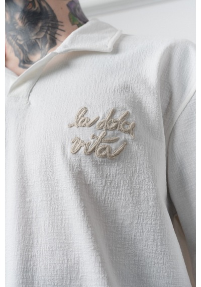 Erkek La Dolce Vita Yazılı Regular Fit T-shirt Şort Takım Ekru