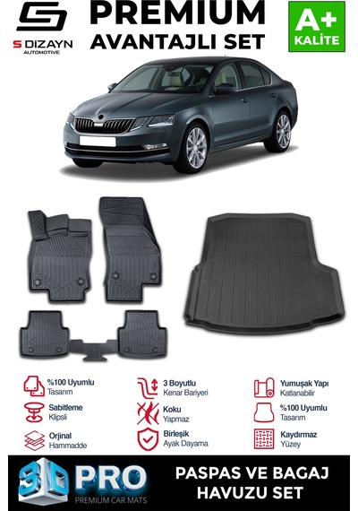 S-dizayn Skoda Octavia 3d Pro Havuzlu Paspas Ve Bagaj Havuzu Seti 2'li Set 2013-2017 A+ Kalite