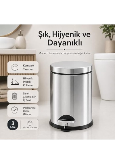 Kapaklı Küçük Plastik Banyo Çöp Kutusu 3 Litre Siyah Modern Kavisli Ayak Pedallı Çöp Kovası Mini Mutfak Çöp Çok Renkli