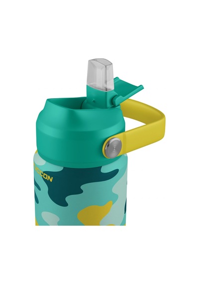 Puccon 540 Ml Kamuflaj Desenli Yeşil - Sarı Erkek Çocuk Pipetli Çelik Termos Matara/suluk - 60035