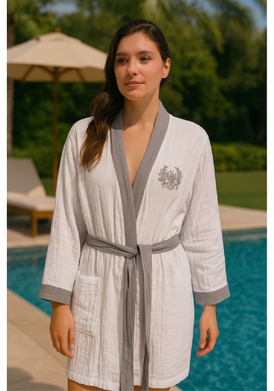 Baskılı Müslin Kimono Bornoz Unisex %100 Pamuk Yumuşacık 2 Katlı Doğal Kumaş - Ztmbb10 Gri