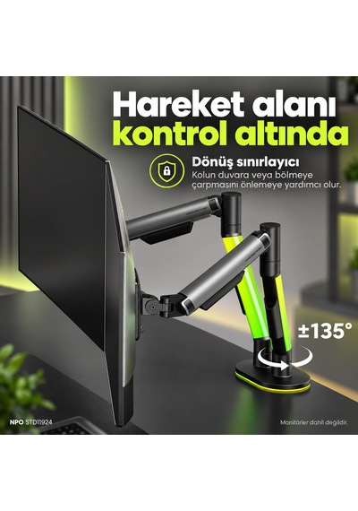 Npo Std11924 Everglow 17-35" 24kg Destekli Rgb Profesyonel Gaming Vesa Çift Kol Monitör Tutucu