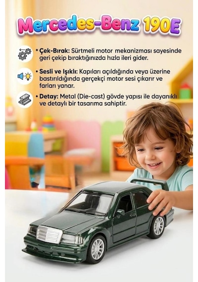 Mercedes-benz 190e Işıklı Sesli Metal 1:36 Çek-bırak Mekanizmalı Kapıları Açılabilir Oyuncak Araba Yeşil