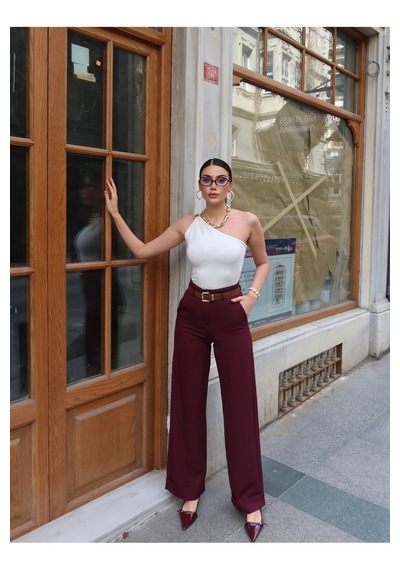 Kechi Woman Double Kumaş Bol Paça Kemerli Pantolon Bordo
