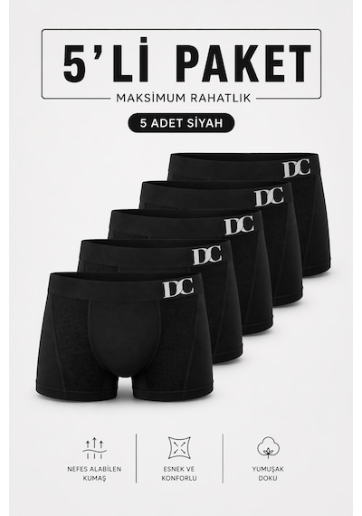 Elilom Erkek Boxer 5'li Paket Daily Comfort Dikişsiz Nefes Alır Pamuklu Siyah Set 5p Siyah