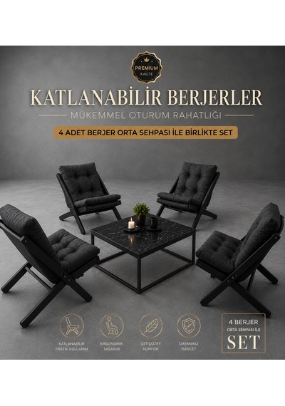 4lü Sehpalı Dinlenme Koltuğu Berjer Balkon Koltuğu Bahçe Kotuğu Tv Sandalyesi Antrasit