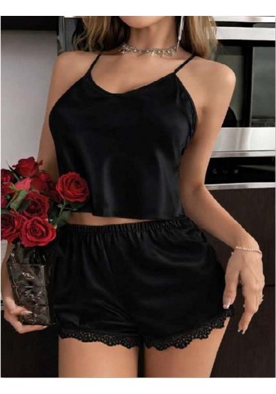 Ang Butik Closet Siyah İnce Askılı Dantel İşlemeli Saten Şortlu Takım Siyah