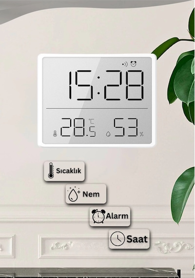 Dijital Oda Termometre Sıcaklık Ve Nem Ölçer Masa Saati Alarm Lcd Ekran Duvara Takılır Beyaz