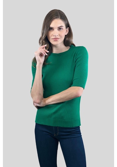 Miss Poem Bisiklet Yaka Yarım Kol Fitilli Kadın Basic Triko Kazak Yeşil