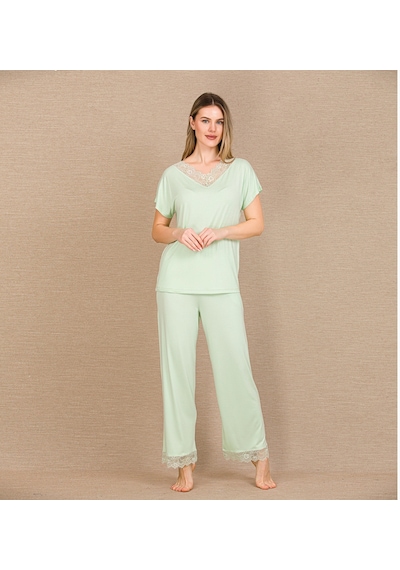 Aria's Closet Arias Closet Viskon Şık Tasarım Dantel İşlemeli Açık Yeşil Kısa Kol Pijama Takımı