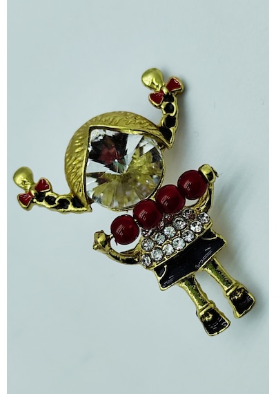 Kırmızı Boncuklu Taşlı Kız Figürü Broş Sevimli Figürlü Şık Brooch Pin Ekru