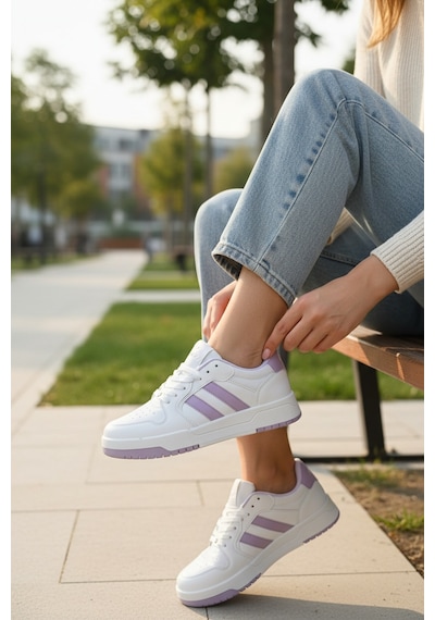 Enoch Kadın Renkli Şerit Detaylı Şık Sneaker Yürüyüş Ayakkabısı Beyaz Lıla