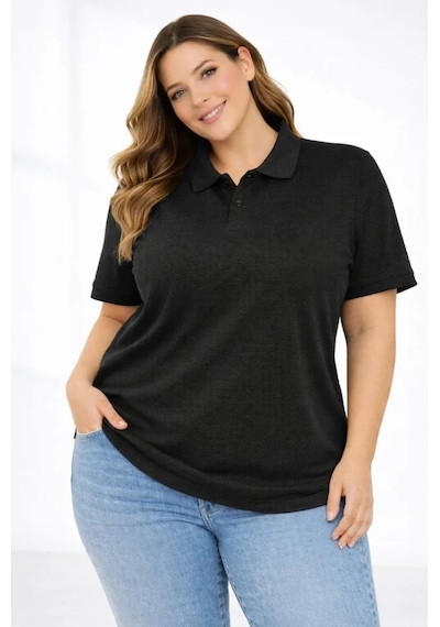 Buğrahayalin Pike Kumaş Düğmeli Yaka Battal Büyük Beden Günlük Kısa Kol Tişört T-shirt - Siyah Siyah